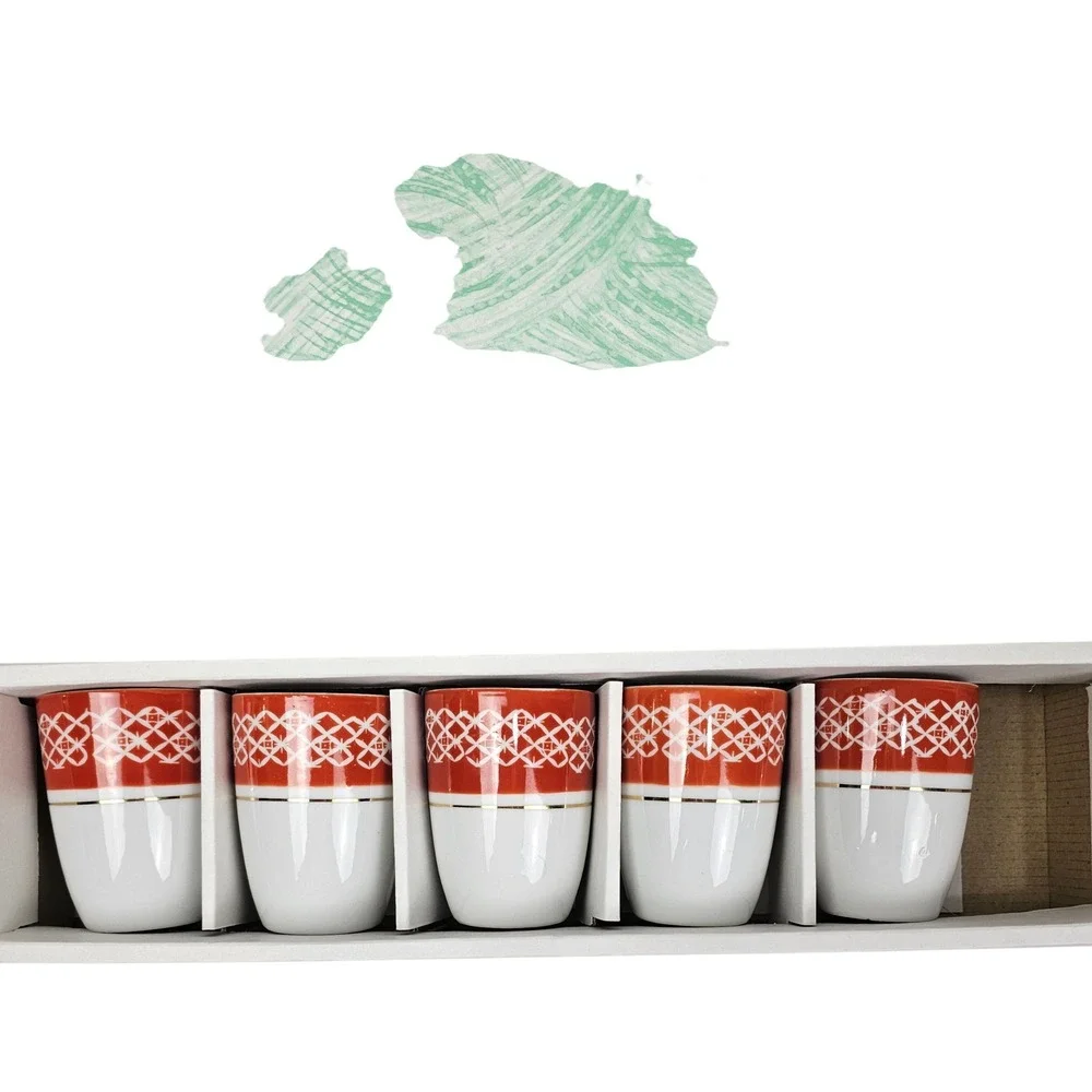 Set of 5 Red White Kutani Geometric Pattern Gold Rimmed Porcelain Tea Cups‎